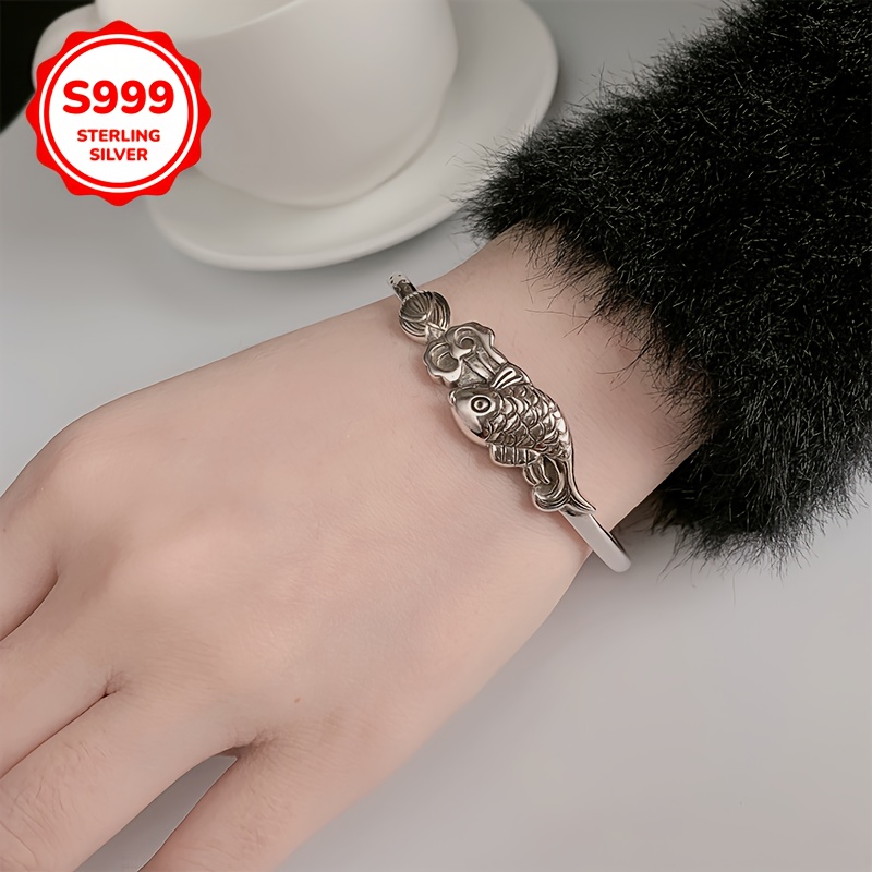 Adjustable Lotus Fish Bangle Bracelet for Women with Openwork Patterns